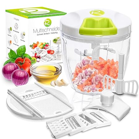 Rigutto Zwiebelschneider | 3-in-1 | Set inkl. Mixer,Reibe & Hobeleinsätze | 900ml | Schneiden, Mixen & Hobeln | Gemüseschneid