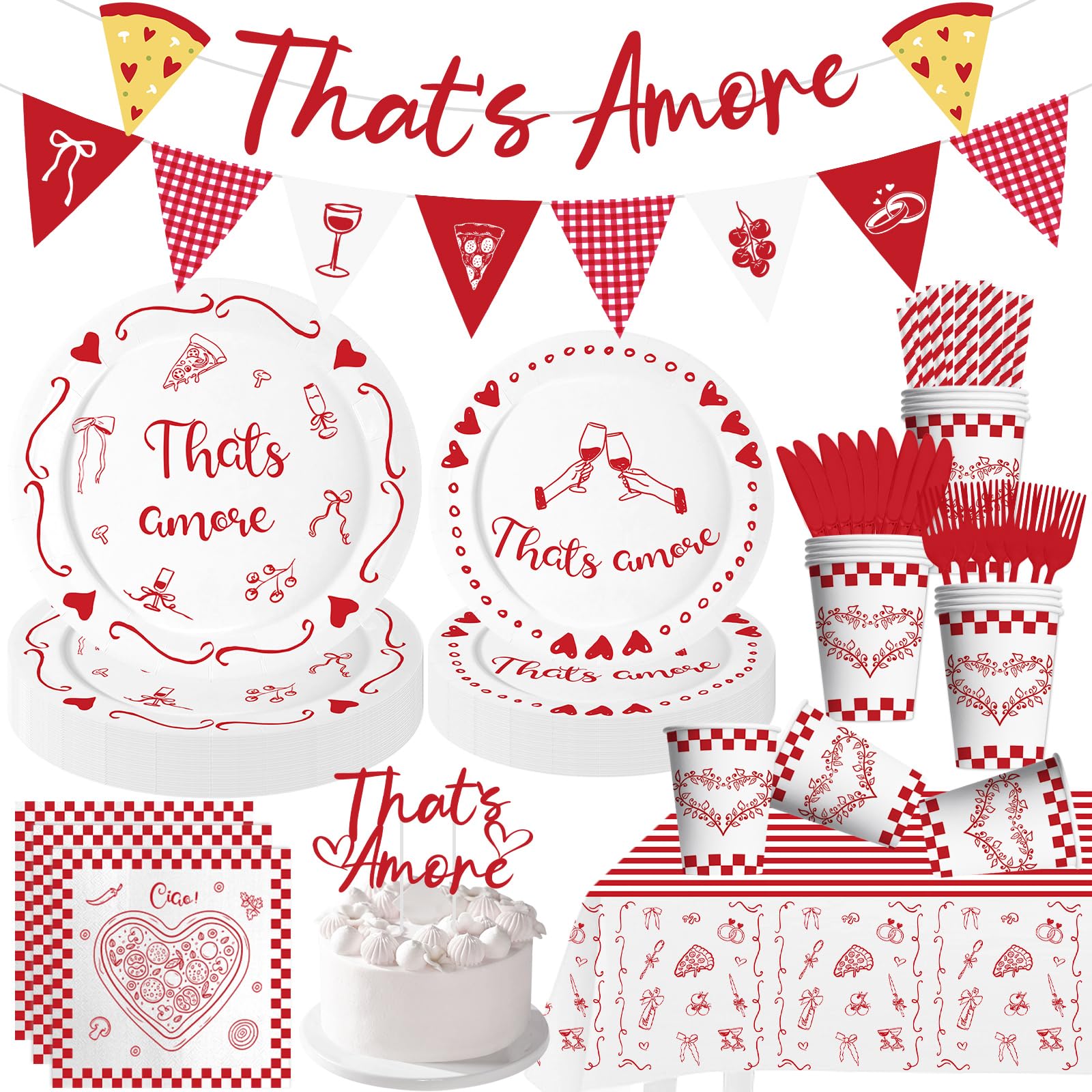 Photo 1 of 144Pcs That's Amore Party Decorations Italian Themed Bachelorette Party Supplies Pizza Theme Disposable Plates Napkins Tablecloth Banners Red and White Gingham Decor for Wedding Bridal Shower