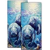 cromcu Manatee Family Hand Towel for 2 Pack,Bath Hand Towels for Bathroom Decorative Soft Absorbent Dish Towels for Kitchen, Gym, Hotel, Spa, Sport Home Decor Gifts, 14.5x28 Inch