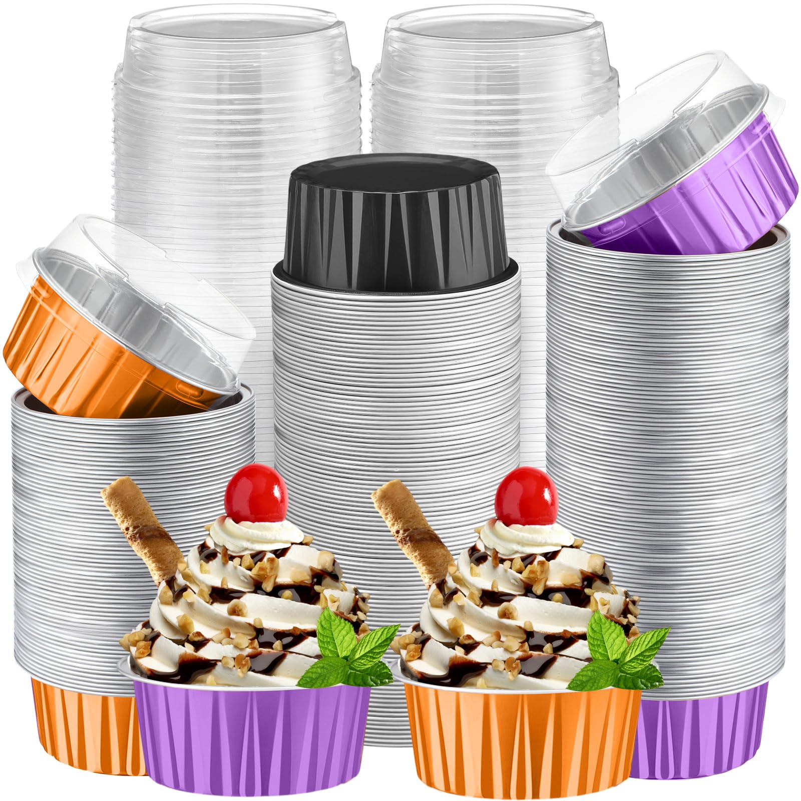 Photo 1 of Gandeer 200 Pack Aluminum Foil Cupcake Liners with Lids,5 oz Round Baking Cup for Wedding Party, Disposable Tart Pie Ramekin, Mini Cake Tins Container for Pudding (Purple,Orange,Black)
