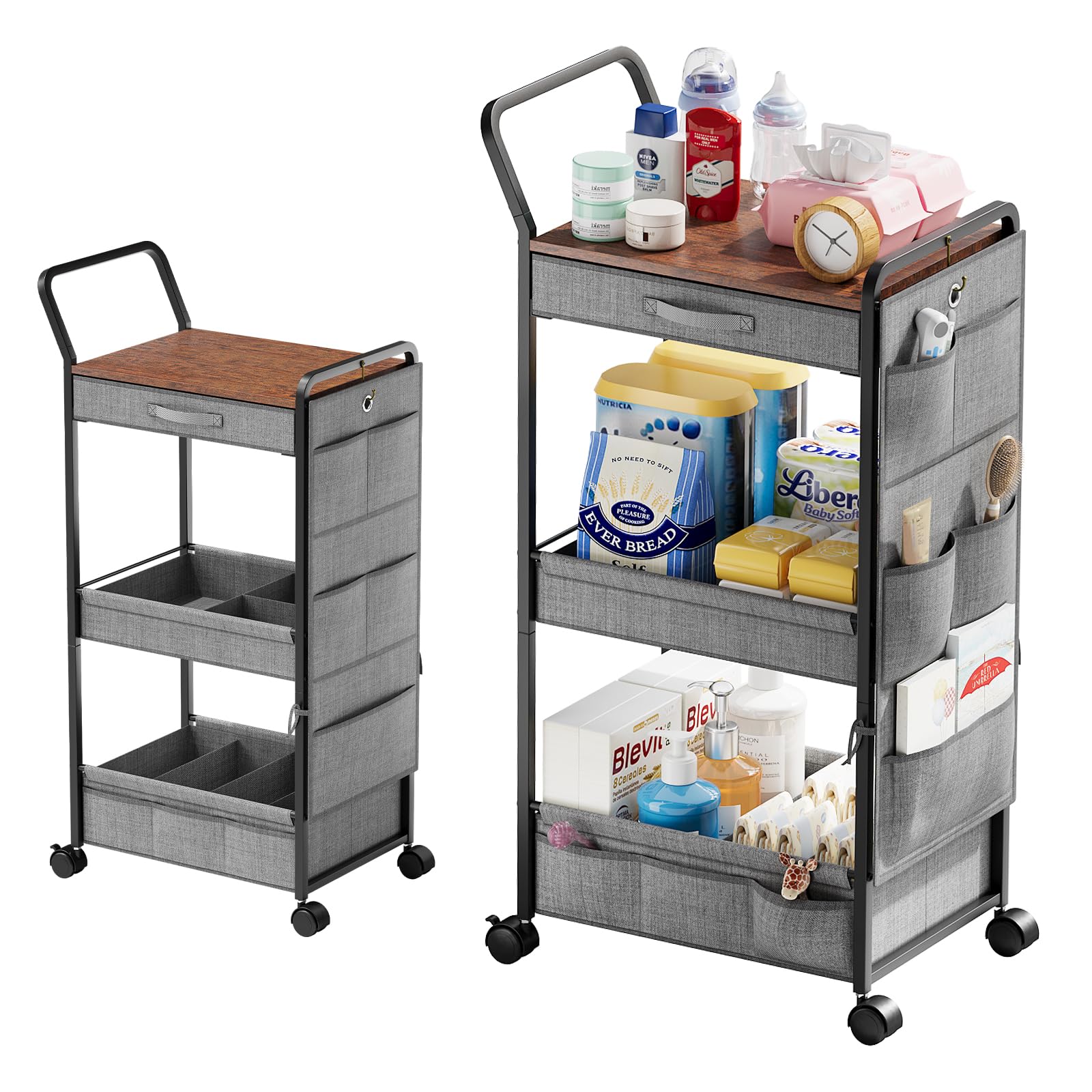 Photo 1 of BBLIKE 3-Tier Diaper Caddy Organizer - Rolling Utility Baby Cart with Drawer and Side Pockets for Nursery and Baby Essentials, Multi-Function Cart for Bedroom and Bathroom, Black and Brown