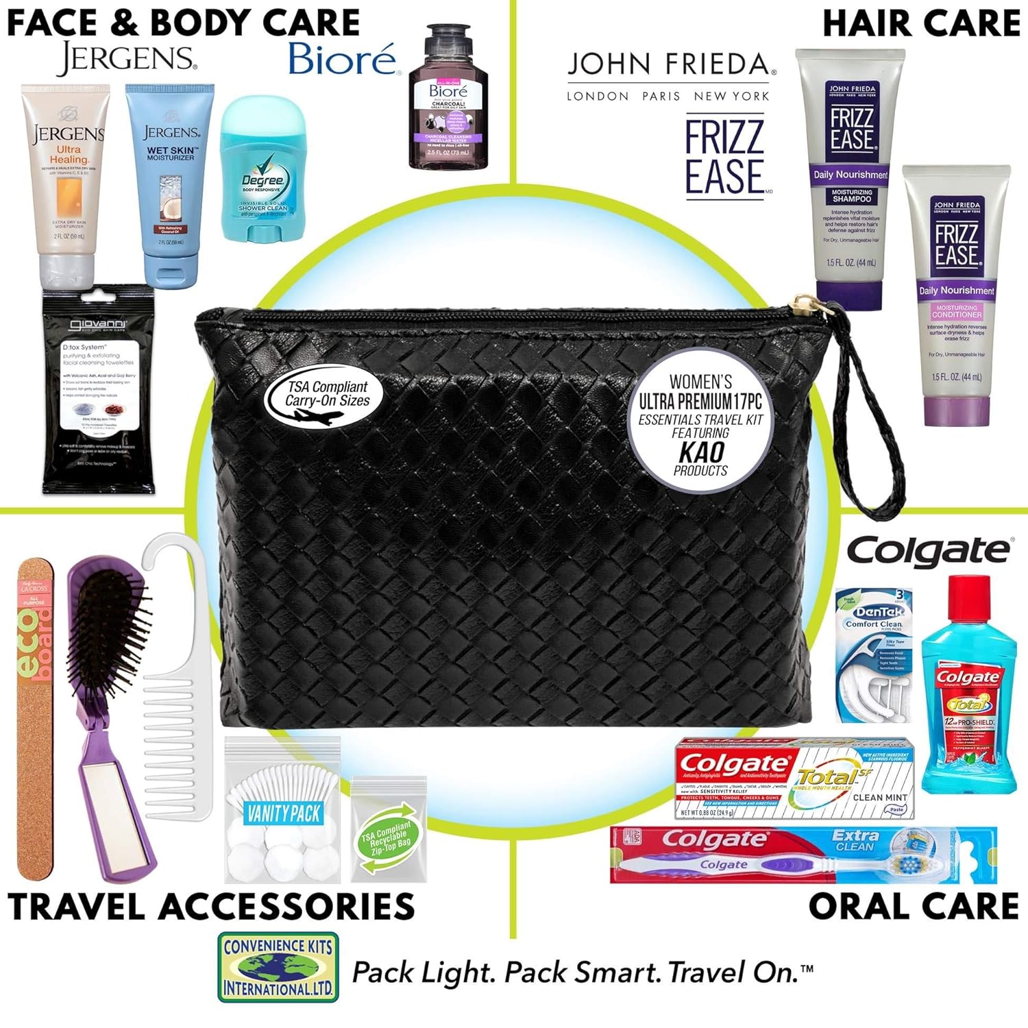 Convenience Kits International, Women’s 17 PC Premium Assembled Toiletry Kit Featuring: JOHN FREIDA/JERGENS/BIORE Hair, Face and Body Travel Size Products in Reusable Toiletry Bag : Beauty