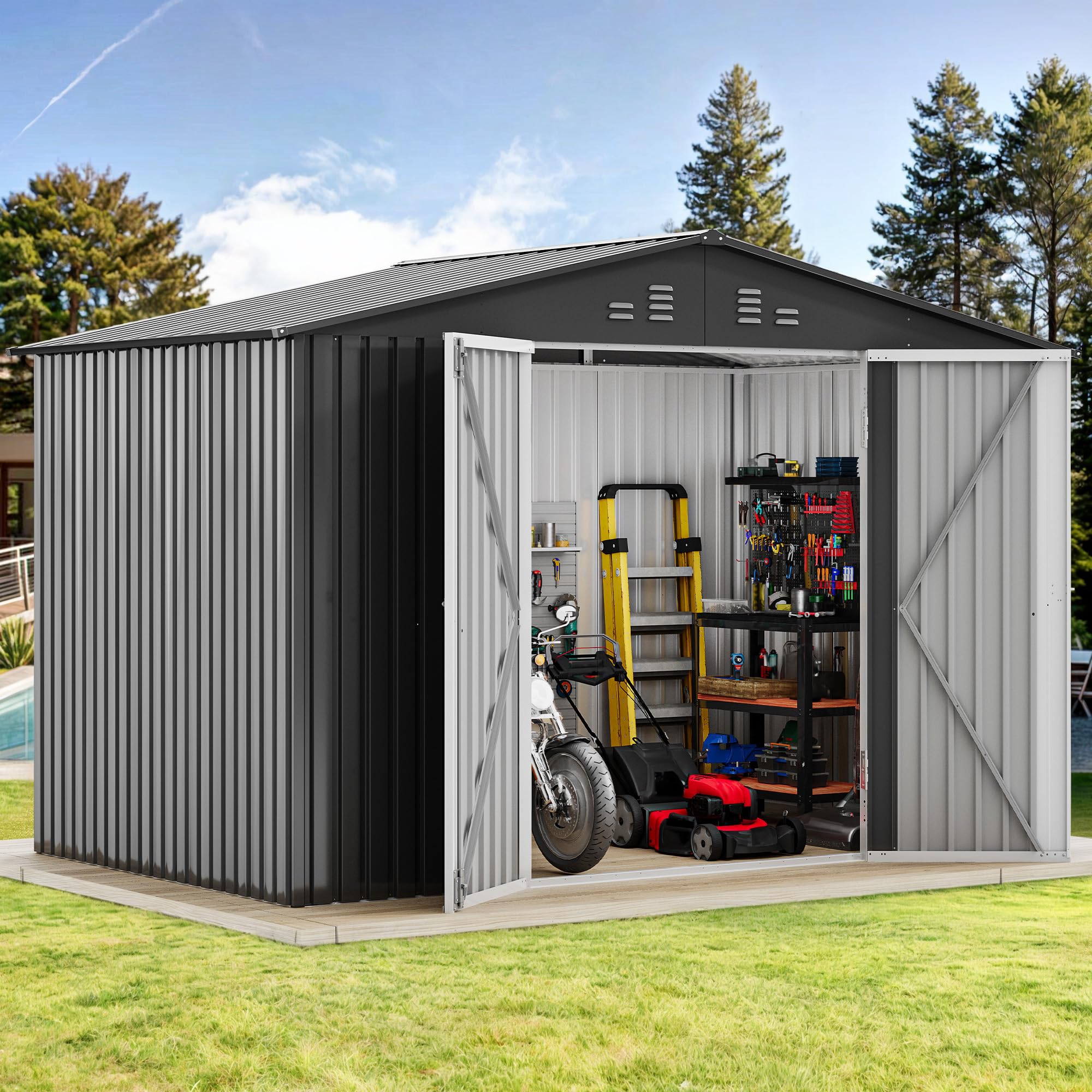Photo 1 of **PARTIAL SET BOX 1 OF 4 ** DWVO Storage Shed 9x6 FT for Bicycle Functional Metal Tool Shelter Garden Storage Unit with Airflow Windows, Secure Entry Lock, Water-Resistant Waste Enclosure for Outdoor Patio Garden (Dark Dray)