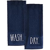 Rae Dunn Set of Hand Towels for Kitchen and Bathroom, 100% Cotton, Embroidered Dish Towels, Decorative Hand Towels, Navy- Wash/Dry, 2 Pack