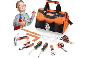 REXBETI 10-Piece Kids Tool Set with Real Hand Tools, Orange Durable Storage Bag, Children Learning Tool Kit for Home DIY and Woodworking, 6+ Years Old Birthday Gift