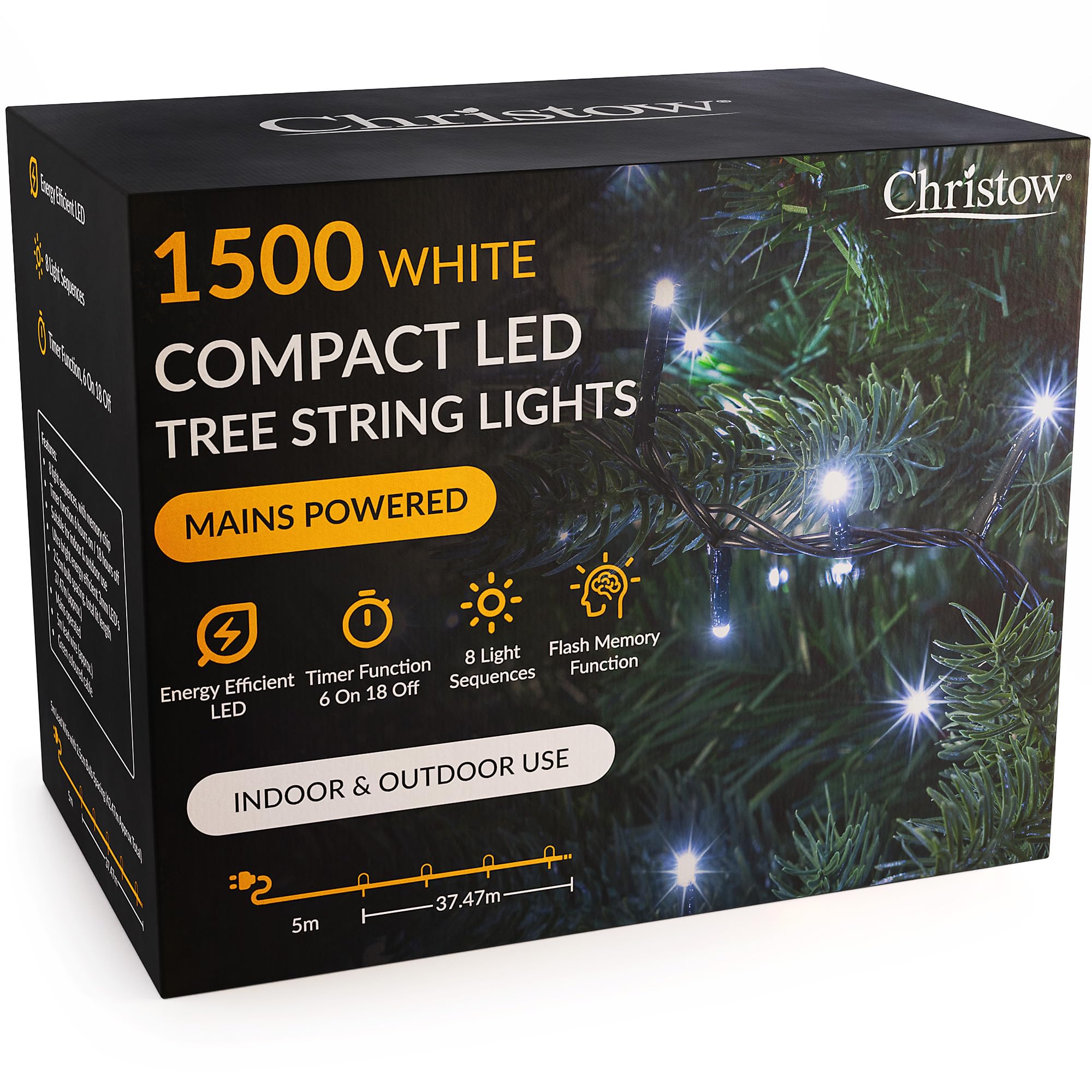 CHRISTOW 8ft Christmas Tree Lights, 1500 White LED Fairy Lights with Timer, 8 Light Modes, Energy Efficient 3mm LEDs, Indoor & Outdoor, Mains Powered, Green Cable (34.47m Lit Length)