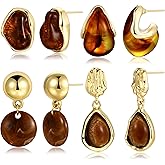 Gold Acrylic Teardrop Earrings Set for Women, 14K Gold Plated Brown Resin Tiger Eye Stud Earrings, Open Drop Chunky Hoops Translucent Hypoallergenic Vintage Fashion Jewelry Gifts