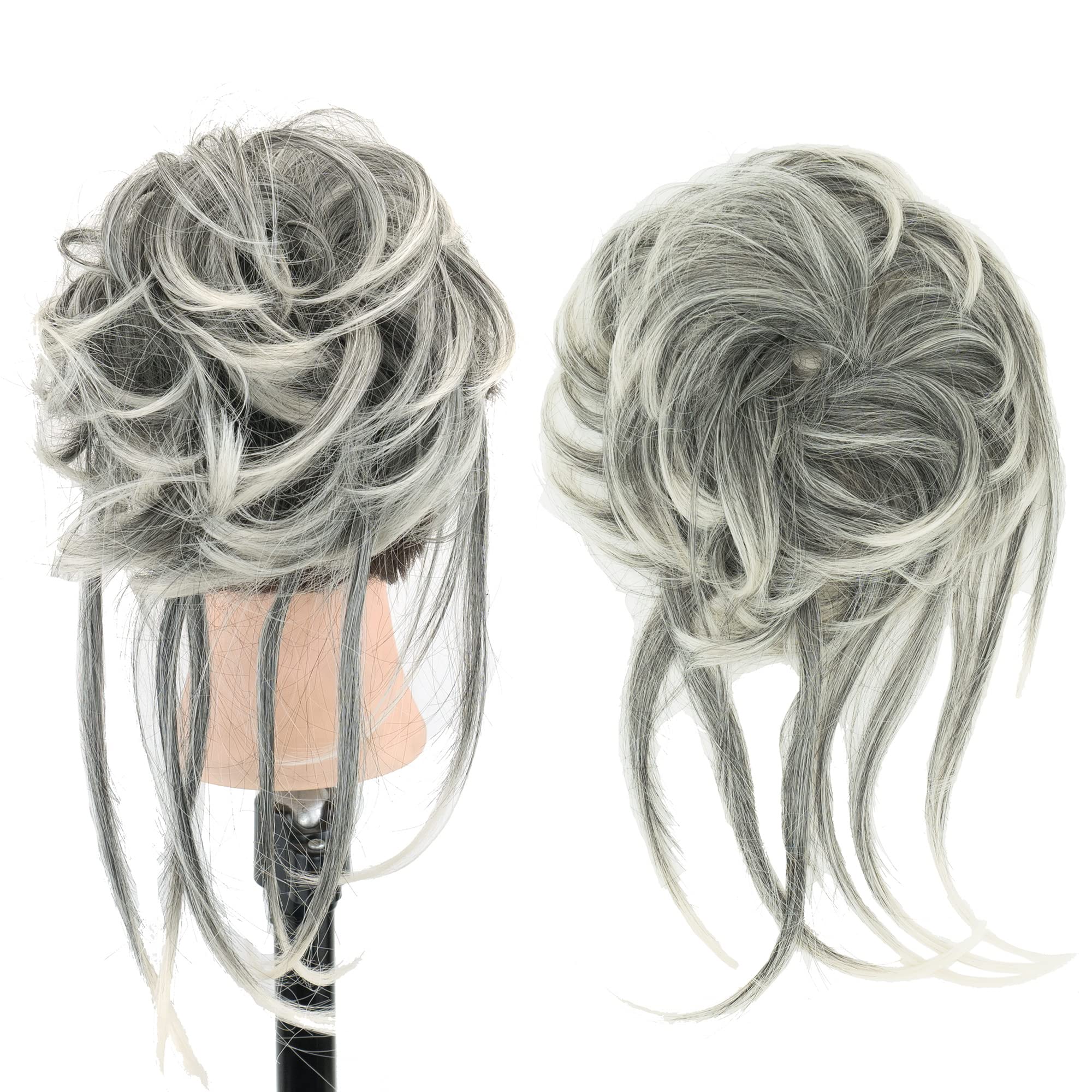 IMISSU 2PCS Messy Hair Bun Piece Updo Long Scrunchies Wrap Ponytail Extension Wavy Hairpieces Chignon Headband (2PCS Ombre Gray)