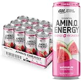 Optimum Nutrition Amino Energy Hydration Drink, Watermelon, 12 Ct | 12 Fl Oz On The Go Sparkling Hydration Drink with Electrolytes and BCAAs, Zero Sugar, 100mg Caffeine Per Serving, 12-Pack