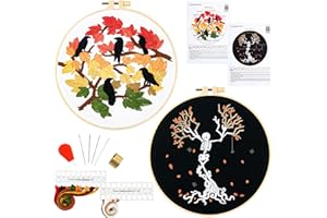 ARMINDOU Fall Maple Leaf Embroidery Starter Kits for Beginners Adults, Halloween Stamped Cross Stitch Kit for Beginners Adults, Skeleton Embroidery Needlepoint Kit, 2 Embroidery Hoops (Attached Video Tutorial)