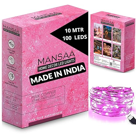 MANSAA USB String Lights for Decoration 10M 100 LED USB Powered (Indoor, Outdoor, Kids Room, Diwali, Christmas, Balcony) Made in India, Pink Light, (Pack of 1-10 Meter)