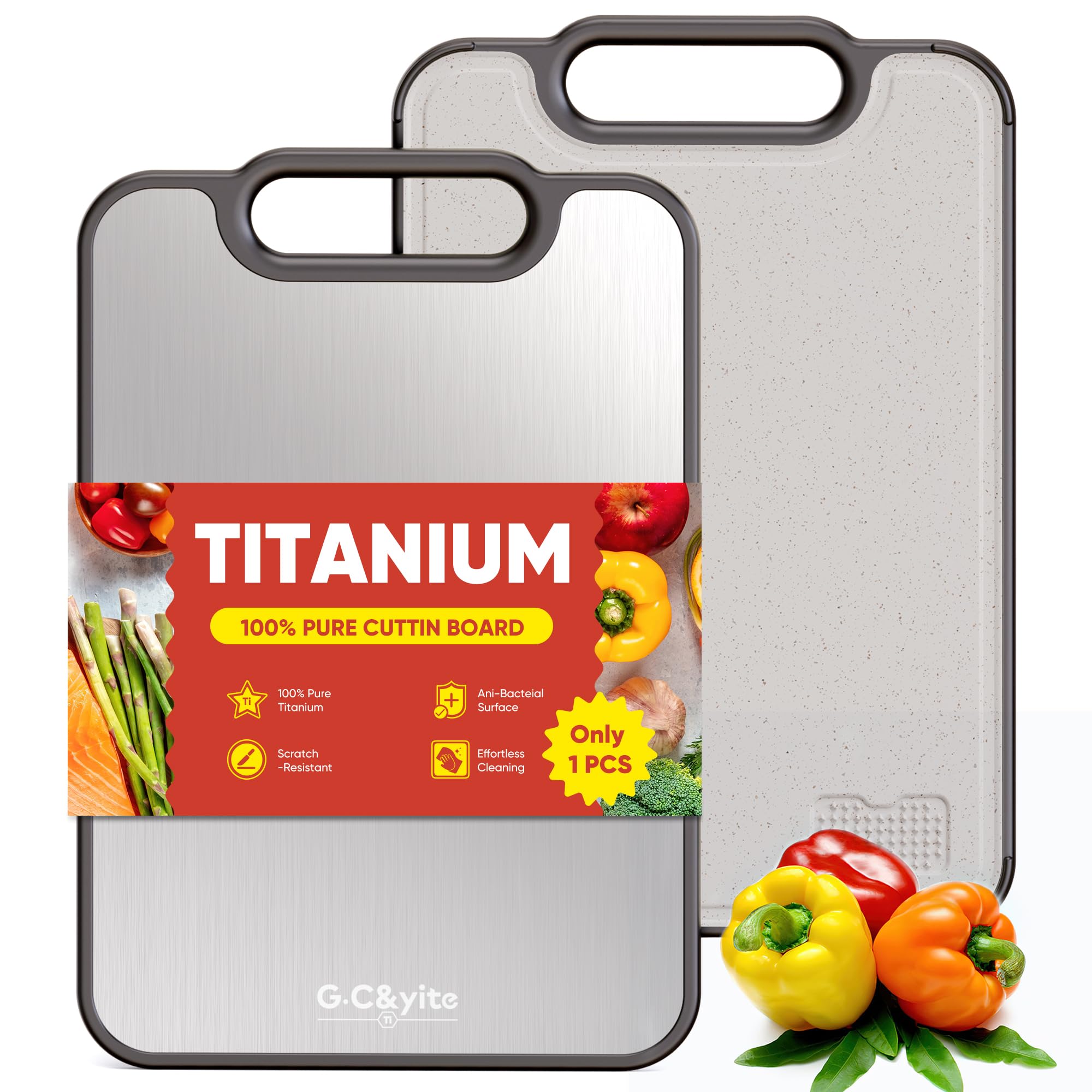 Photo 1 of G.C&yite Titanium Cutting Board for kitchen, Lightweight No Toxic Double Sided Pure Titanium Chopping Board with Wheat Straw PP for Food Safety, Easy to Clean, Kitchen Gifts 15.5" x 10.5", 1-Pcs