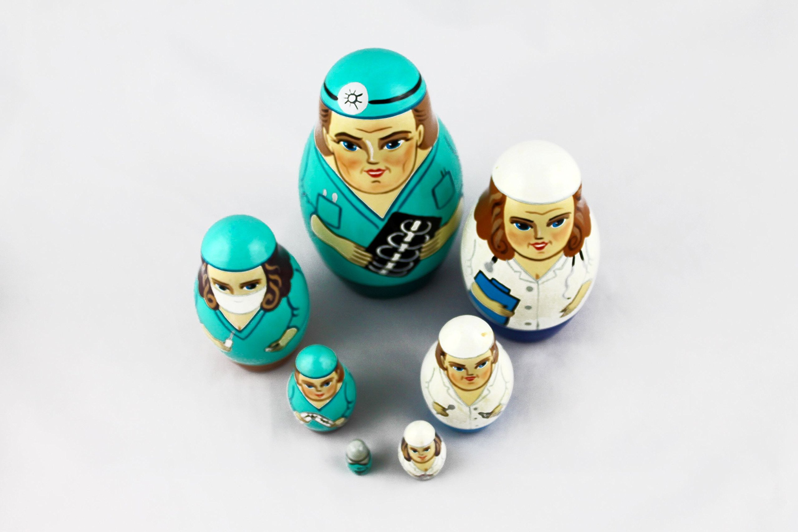 Matryoshka Russian Nesting Wooden Doll Physician Doctor Nurse Hospital 7 Pcs Stacking Hand Painting Beautiful Nested Matriosjka Matrioska Matreshka Matrjoska Matroeska