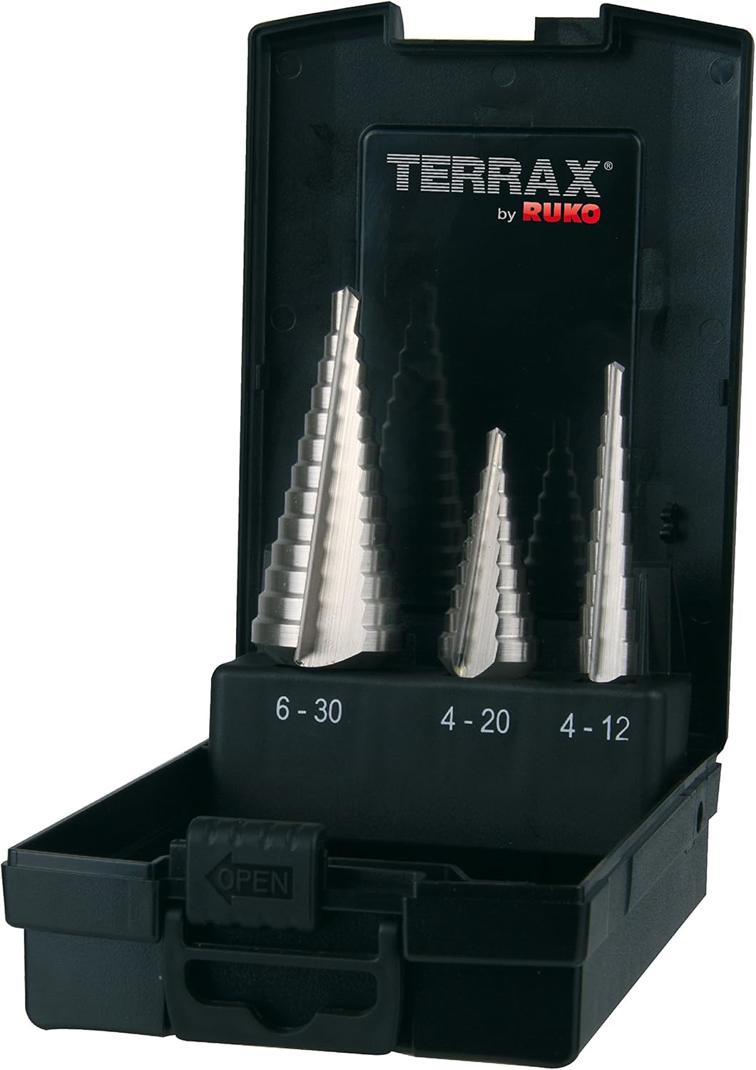 Terrax by Ruko A101126RO 3-piece Step Drill Set, HSS Straight grooved, in Sizes 0/9, 1, 2 in Sturdy, Practical Plastic case