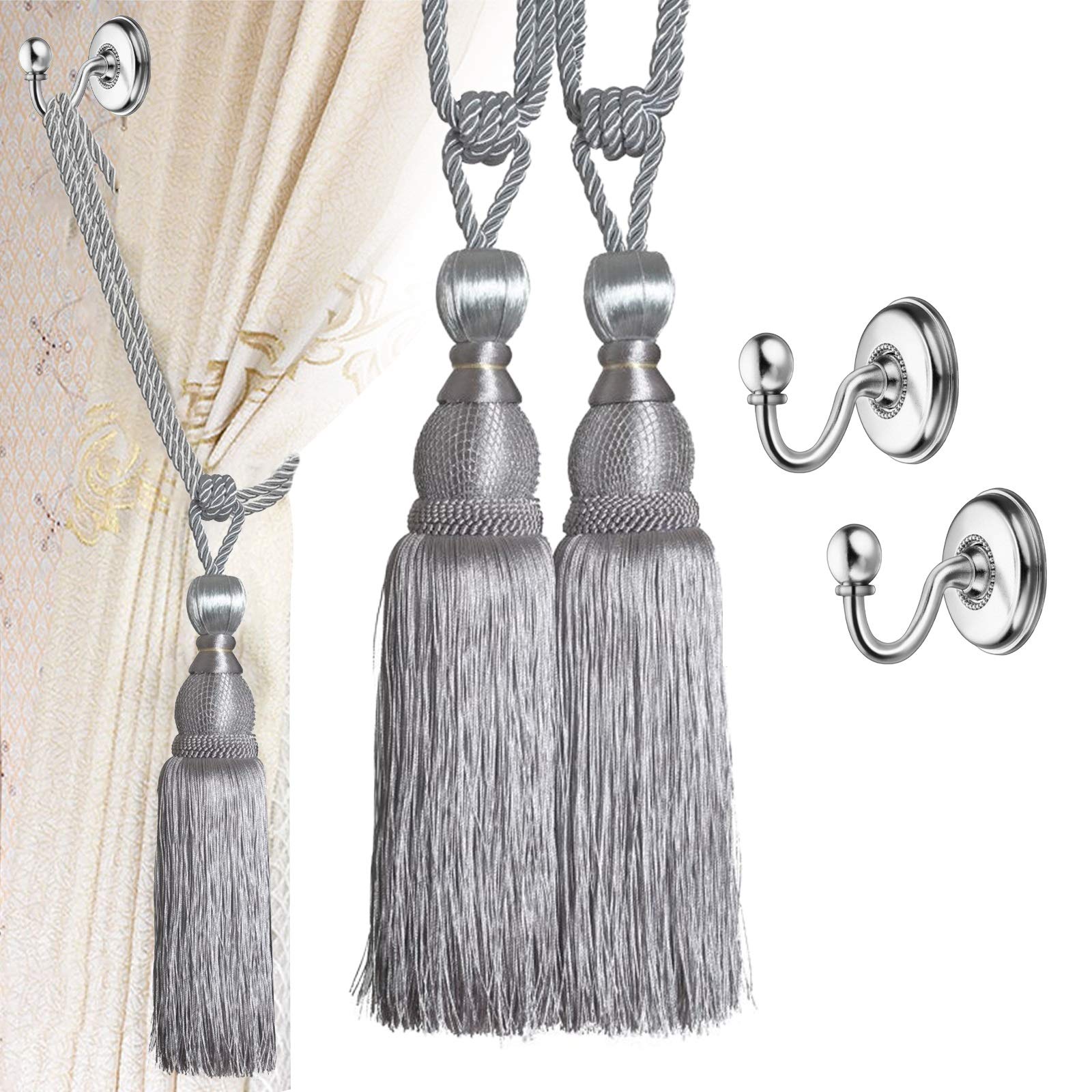 VEGCOO 4 Pack Handmade Curtain Clips Tiebacks Set, 2 Pack Europe Buckles Hold backs Tassel Ball Rope with 2 Pack Curtain Tieback Hooks (Grey)