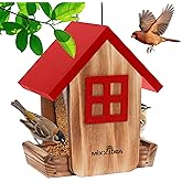 MIXXIDEA Bird Feeder for Outdoors Hanging, Wooden Bird Feeder House with Weatherproof Roof & Metal Tray, Attracting Wild Birds for Outside, Yard, Garden Decoration, Red