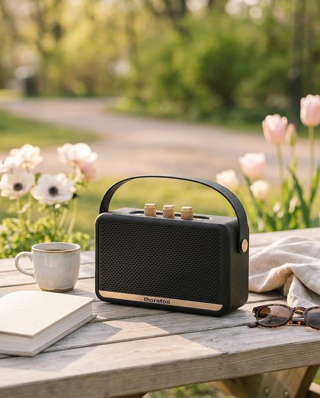 Flow Bluetooth Speaker - Coluna estéreo portátil sem fios resistente à água IP67, reprodução de 5 horas, carregamento USB-C, design retro com controlos dourados