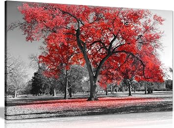 Large Tree Red Leaves Black White Nature Canvas Wall Art Picture Print 36x24in Amazon Co Uk Kitchen Home