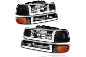 Fullux LED DRL Headlights Assembly for 1999-2002 Chevy Silverado 1500 2500 1500HD 2500HD 3500HD / 2000-2006 Tahoe Suburban 1500 2500 Replacements Amber Reflector Black Housing