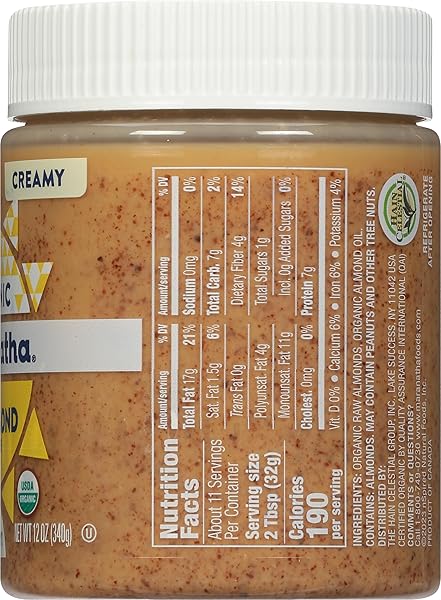 MARANATHA ORGANIC CREAMY RAW ALMOND BUTTER, 12 OUNCE JAR