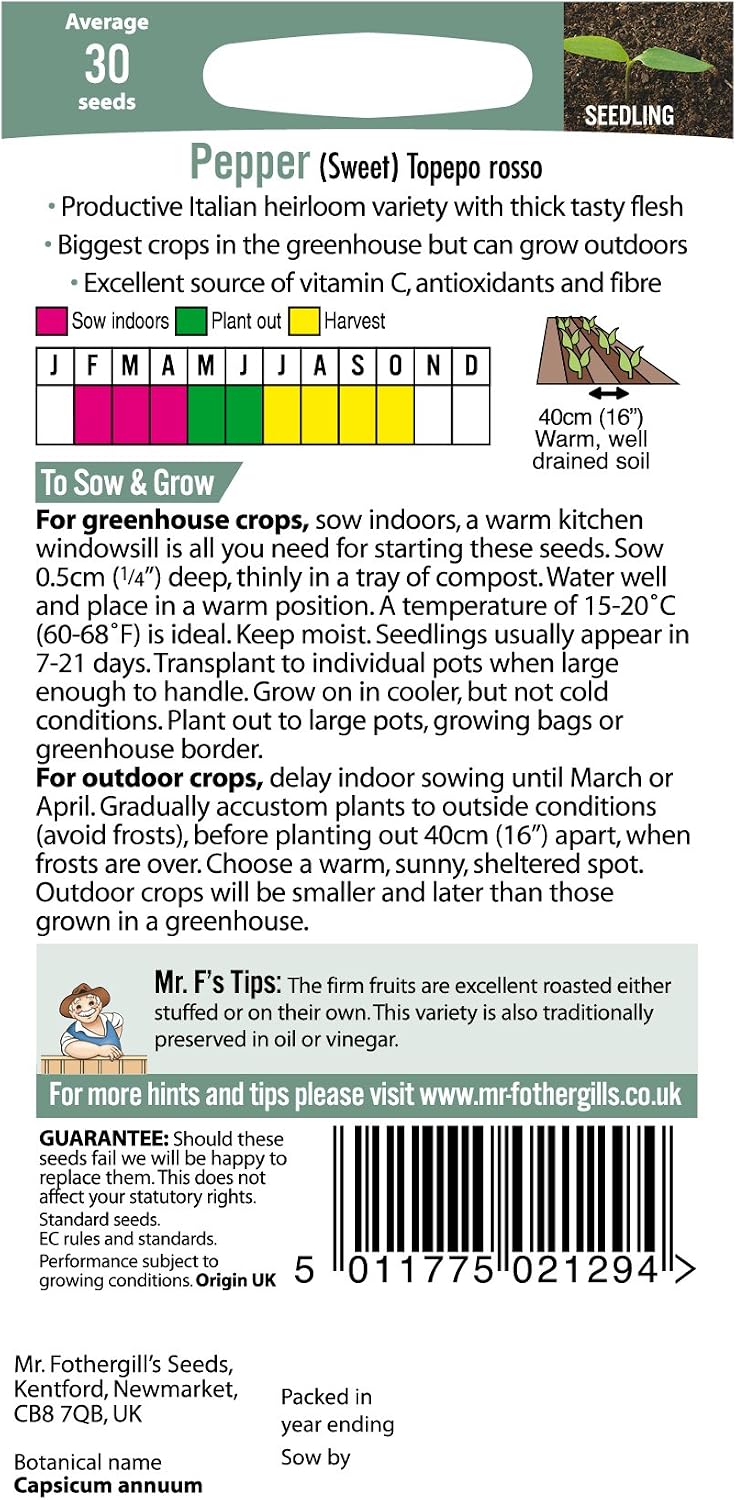 Mr Fothergill?s Seeds Ltd 15421 Vegetable Seeds, Pepper (Sweet) Topepo Rosso F1, Mixed - Image 3
