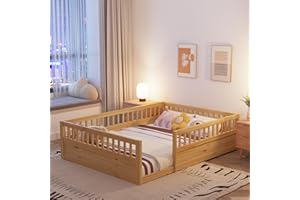 Favfurish Full Size Montessori Floor Bed, Solid Wood Playhouse Bedframe with Safety High Fence for Kids, Girls, Boys, Bedroom, Playroom, Easy Assembly & No Box Spring Needed, Natural