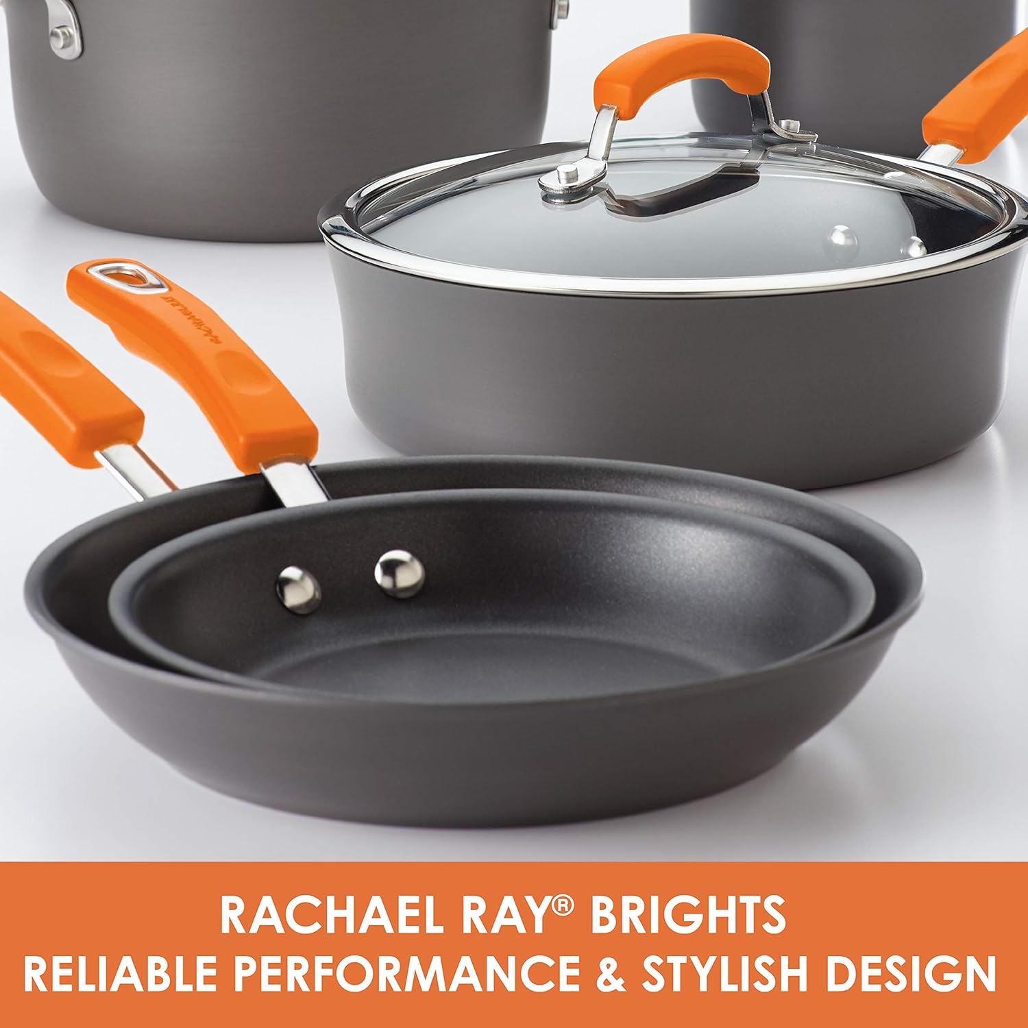 Rachael Ray Brights Hard Anodized Nonstick Stock Pot/Stockpot with Lid, 10 Quart, Gray with Orange Handles: Kitchen & Dining
