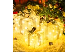 UNUSROOM Set of 3 Christmas Lighted Gift Boxes,Indoor Outdoor Christmas Decorations, 65 LED outdoor lighted holiday displays,Plug-in Light Up Presents Box for Indoor Christma tree Home Yard Lawn Decor