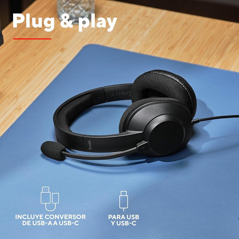 Ayda MAX Auriculares con Cable USB Over Ear, Micrófono ENC, Negro