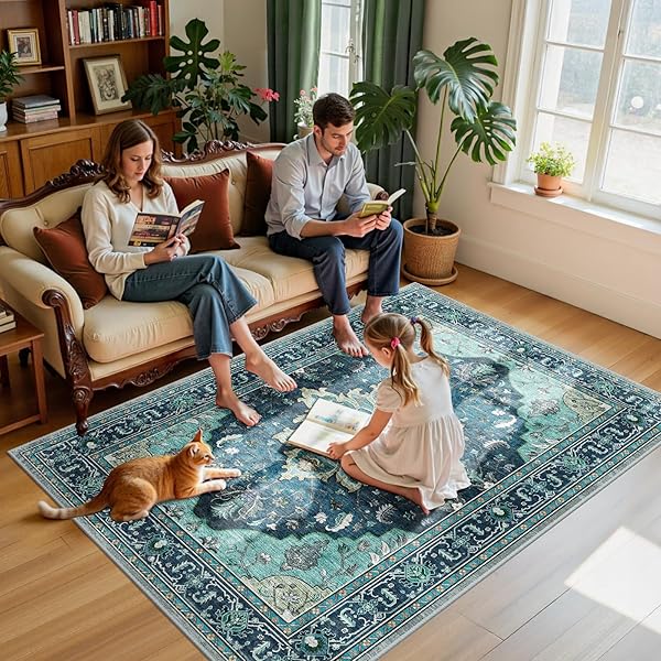 RELEANY AREA RUGS 5’X7′ WASHABLE NON-SLIP, FLORAL VINTAGE DISTRESS PRINT PATTERN MEDALLION CARPET FOR LIVING ROOM BEDROOM DINING ROOM, TEAL GREEN LAKE BLUE TURQUOISE