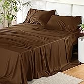 Bedsure King Size Sheets Set, Cooling Sheets for Hot Sleepers, Rayon Derived from Bamboo, Breathable & Soft, Deep Pocket Up to 16 Inches, Hotel Luxury Silky Bedding, Brown
