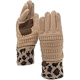 C.C Unisex Cable Knit Winter Warm Anti-Slip Touchscreen Texting Gloves, Leopard Camel