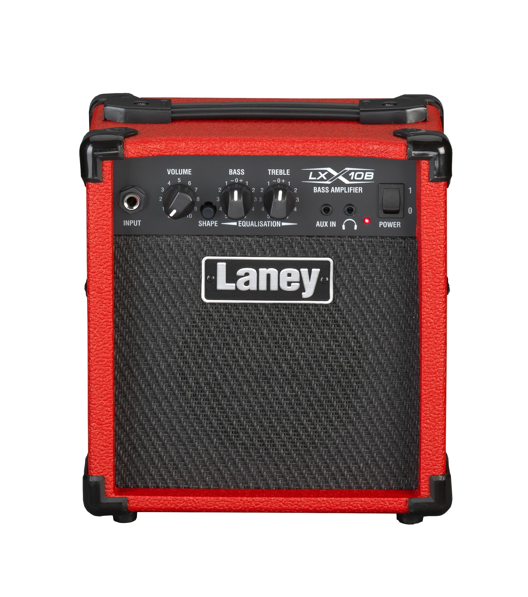 Laney LX10B Bass Guitar Amp -10 Watt, 2 EQ combo portable practise guitar amplifier perfect for beginners. Headphone out for silent practise and Aux in to jam along - Red
