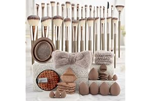 55PCS Brown Makeup Brushes Kit with Washbag, Headband & Wristbands, 10 Beauty Sponges, Powder Puffs and Brush Cleaning Bowl, 