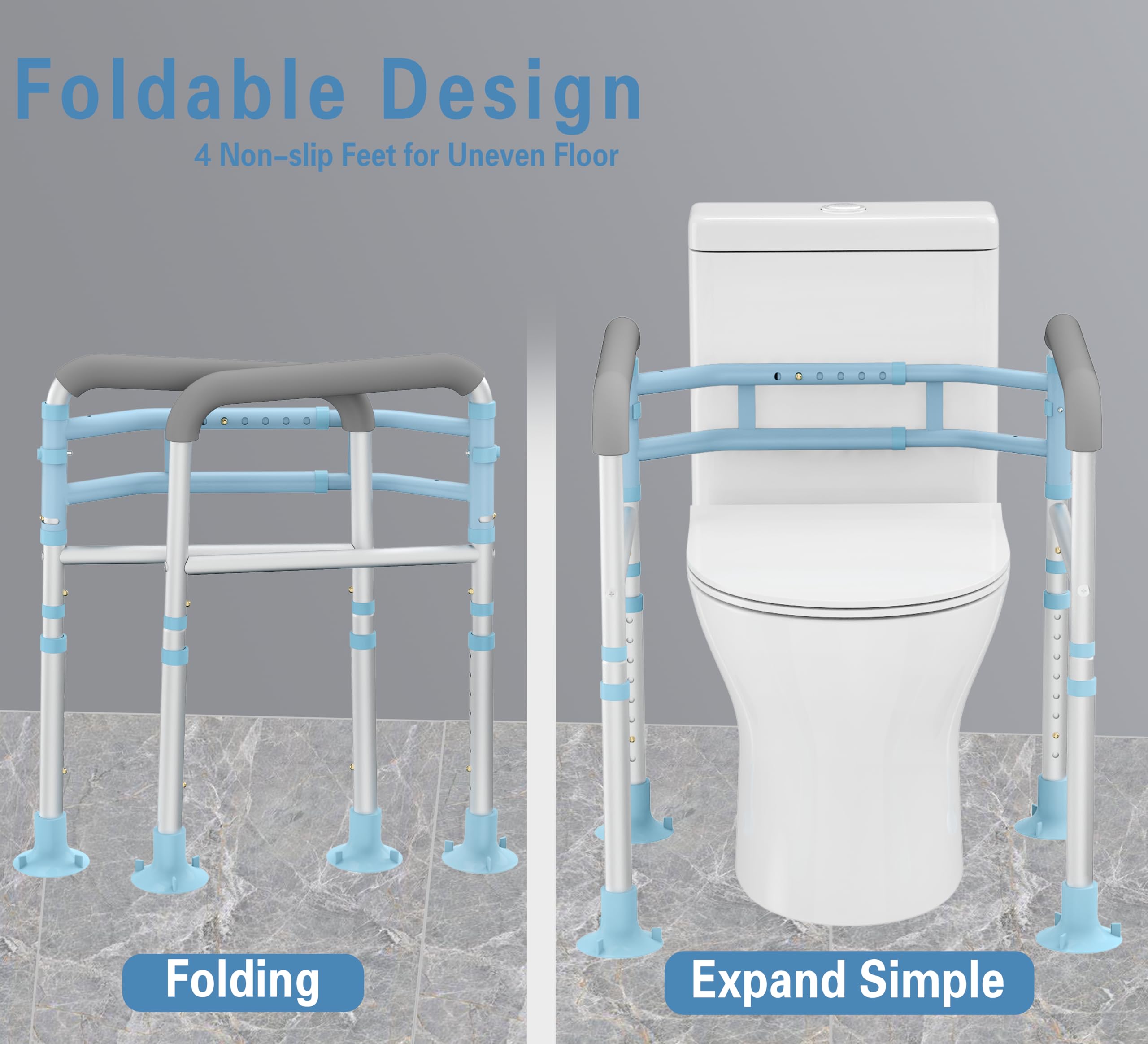 Delog Stand Alone Toilet Safety Rail - Adjustable Width & Height Fit Any Toilet, Medical Toilet Frame for Elderly Handicap Disabled, Folding Handrails