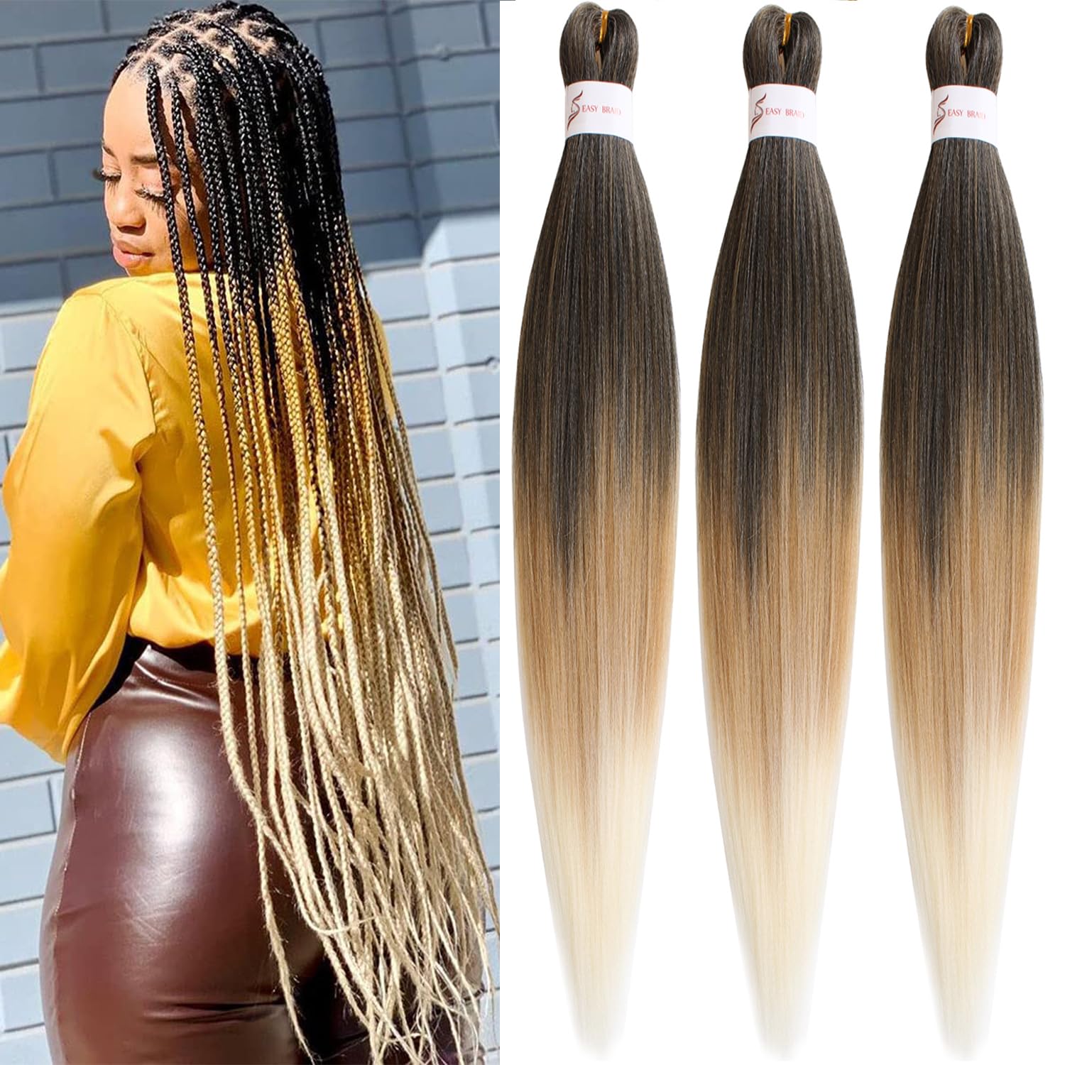 Xtrend 30 Inch EZ Braids 3Packs Pre-Stretched EZ Braiding Hair Extensions for Box Braids Hair Hot Water Setting Synthetic Fiber Hair Extensions(3Packs,1B27613#)
