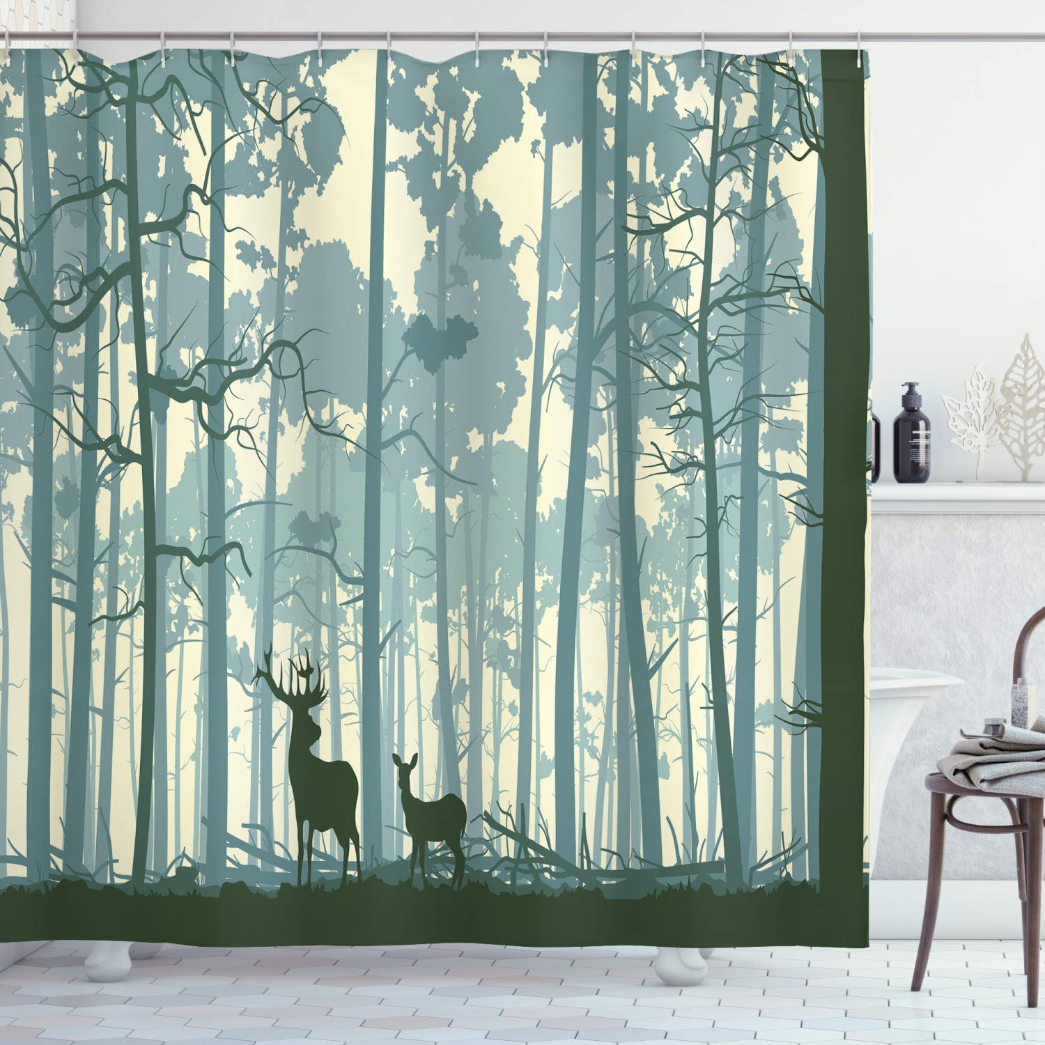 ABAKUHAUS Deer Shower Curtain, Animal Silhouette in Foggy Forest Animals in Nature Themed Cartoon Dusk Artwork, Cloth Fabric Bathroom Decor Set with Hooks, 175 x 240 cm, Black White Grey