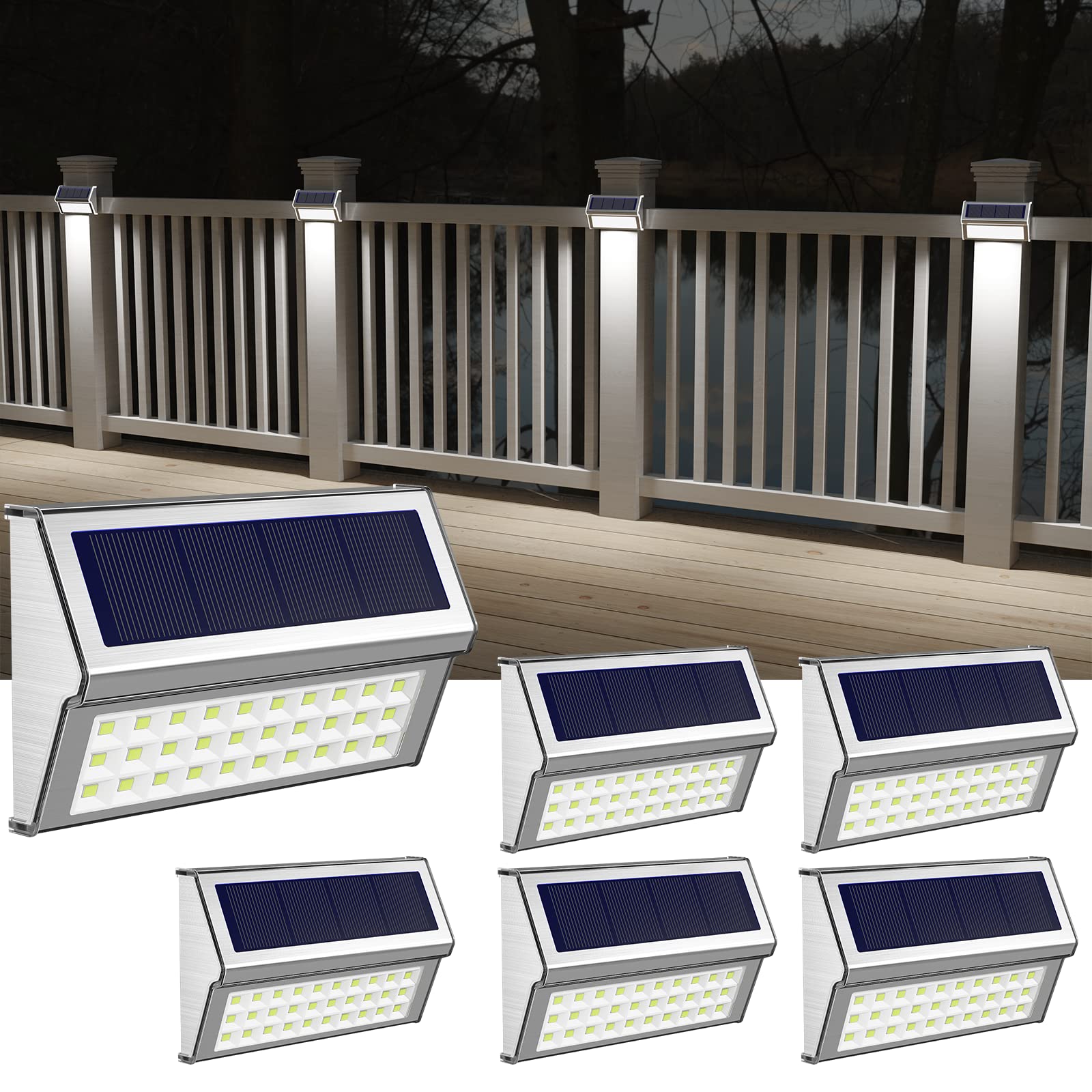 Photo 1 of ROSHWEY Solar Lights Outdoor 6 Pack 30 LED Deck Lights Solar Powered Waterproof Outside Stair Light Fence Post Lamp Outdoor Decor for Patio Step Pool Yard Walkway, Cool White Light