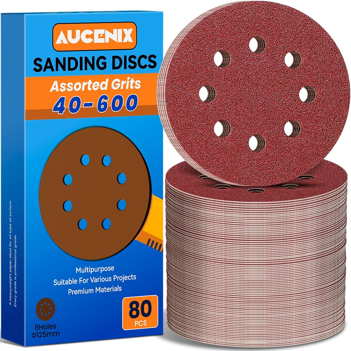 Aucenix 80PCS 125mm Sanding Discs: 8 Holes (40/60/80/120/150/180/240/320/400/600) Assorted Grits Sanding Pads - Hook and Loop Sandpaper Sheets for Random Orbital Sander for Wall Metal Wood — image 1