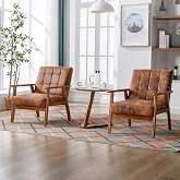Kayflora Accent Chair Set of 2, Mid-Century Modern Technical Fabric Armchair with Solid Wood Armrests, Button-Tufted Comfortable Cushioned Reading Chairs for Living Room, Bedroom (Coffee)