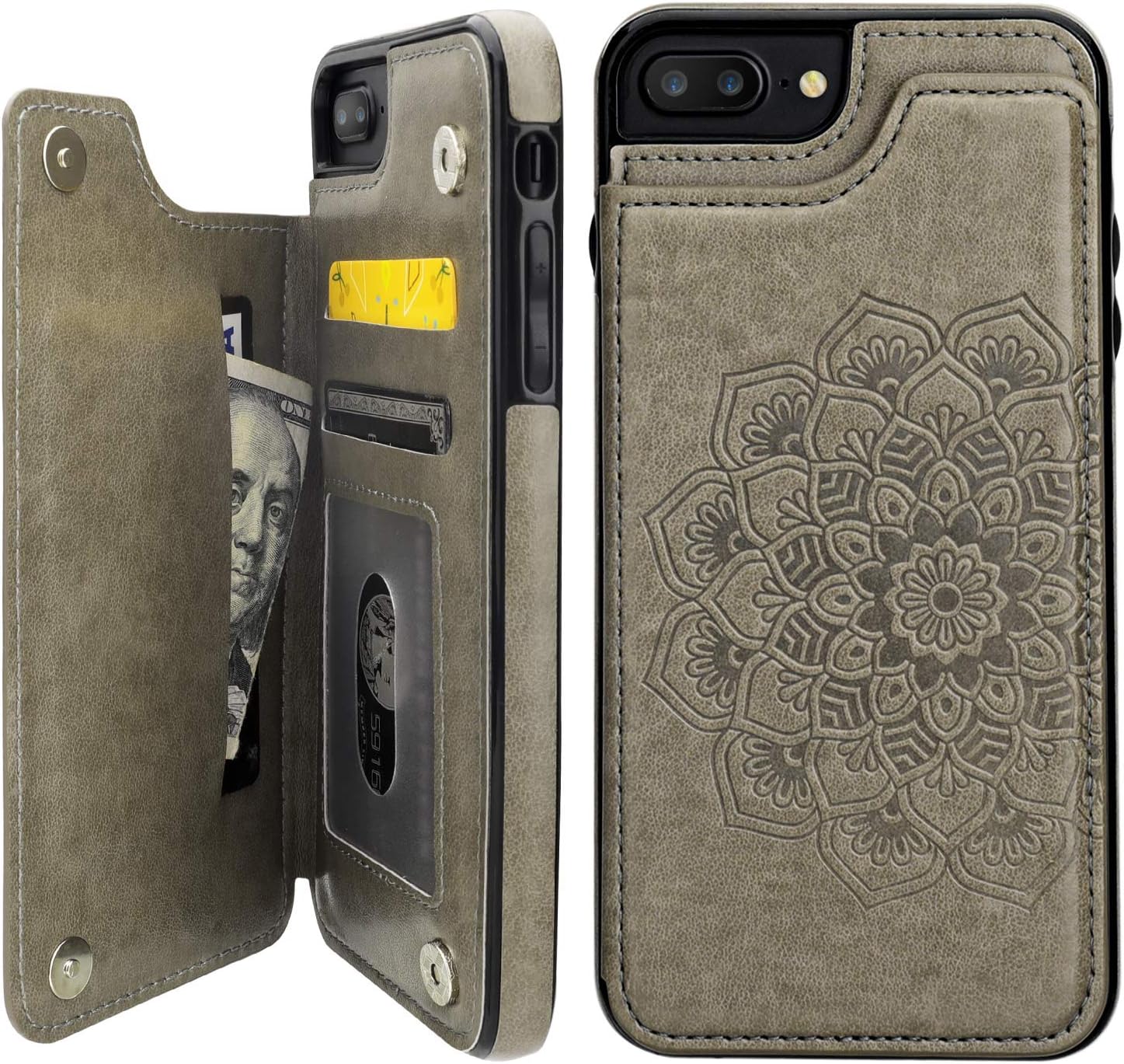 Vaburs iPhone 7 Plus iPhone 8 Plus Case Wallet with Card Holder, Embossed Mandala Pattern Flower Premium PU Leather Double Magnetic Buttons Flip Shockproof Protective Case(Gray)