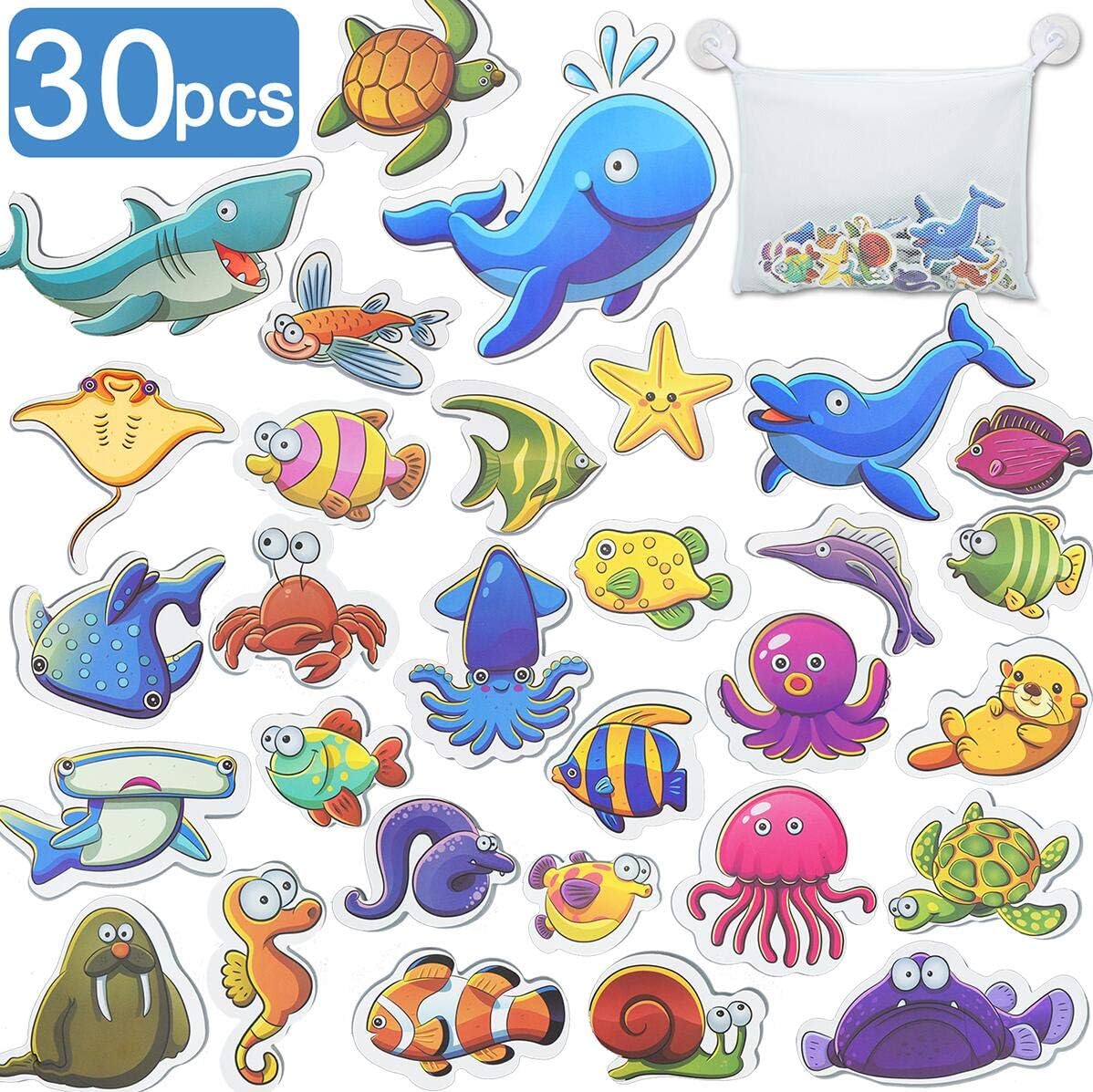 ENTHUR Bath Toys, 30 PCS Ocean Sea Animals Bathtub Toys for Toddlers Boys Girls Kids - Fun Foam Animals Bath Toys with Bath Toy Storage Bag Baby Educational Toy Early Learning Tub Stickers