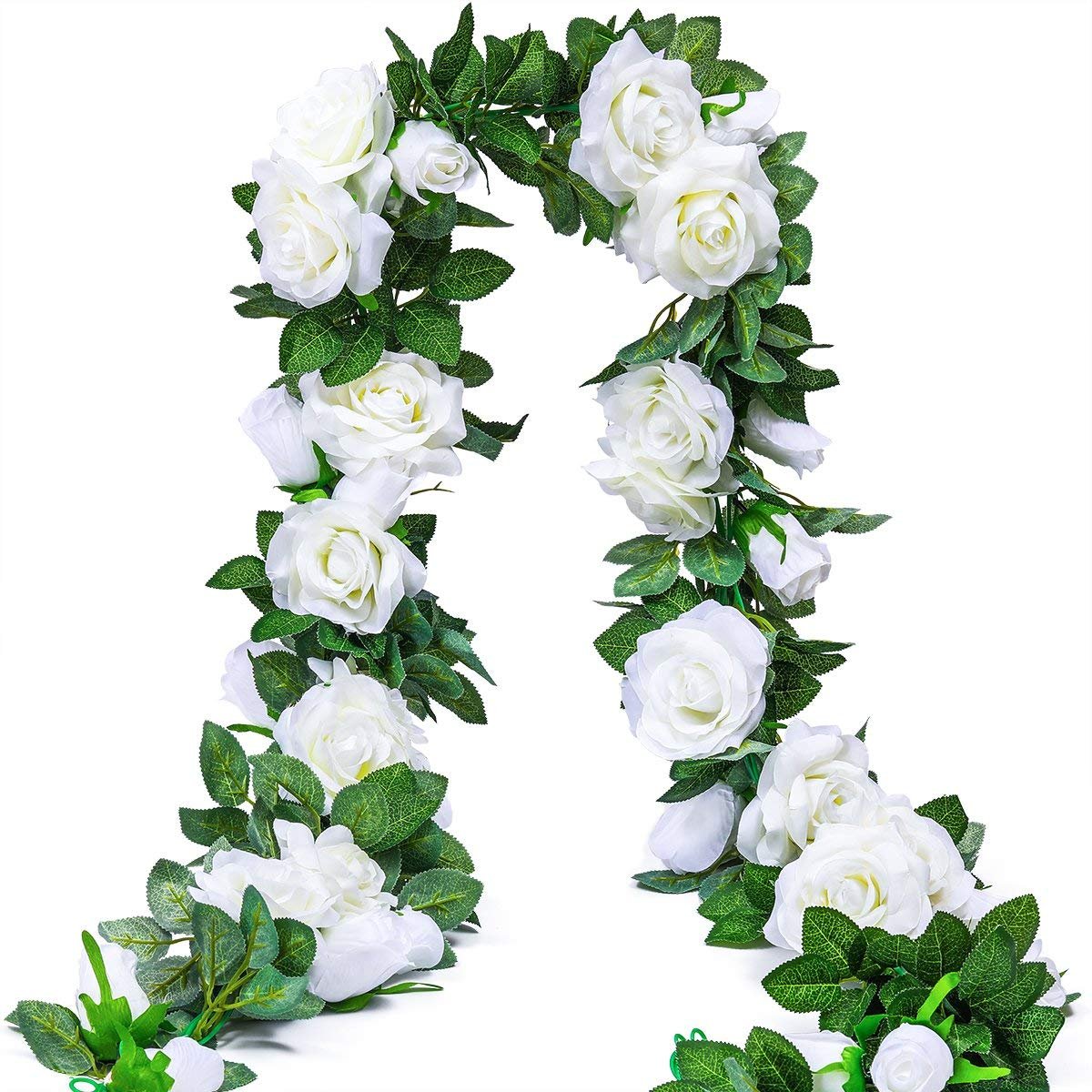 Ruiuzioong Artificial Rose Vines,Fake Rose Garland Silk Flowers Hanging Artificial Plants for Hotel Wedding Home Party Garden Craft Art Arch Arrangement Decoration (White, 2pcs - 9Flowers) โ image 1