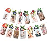 Fangleland Berry 1st Birthday Photo Banner, 1st Monthly Milestone Photograph Bunting Garland for Baby Girl, Sweet Fruit 12 Months Photo Display Birthday Party Supplies