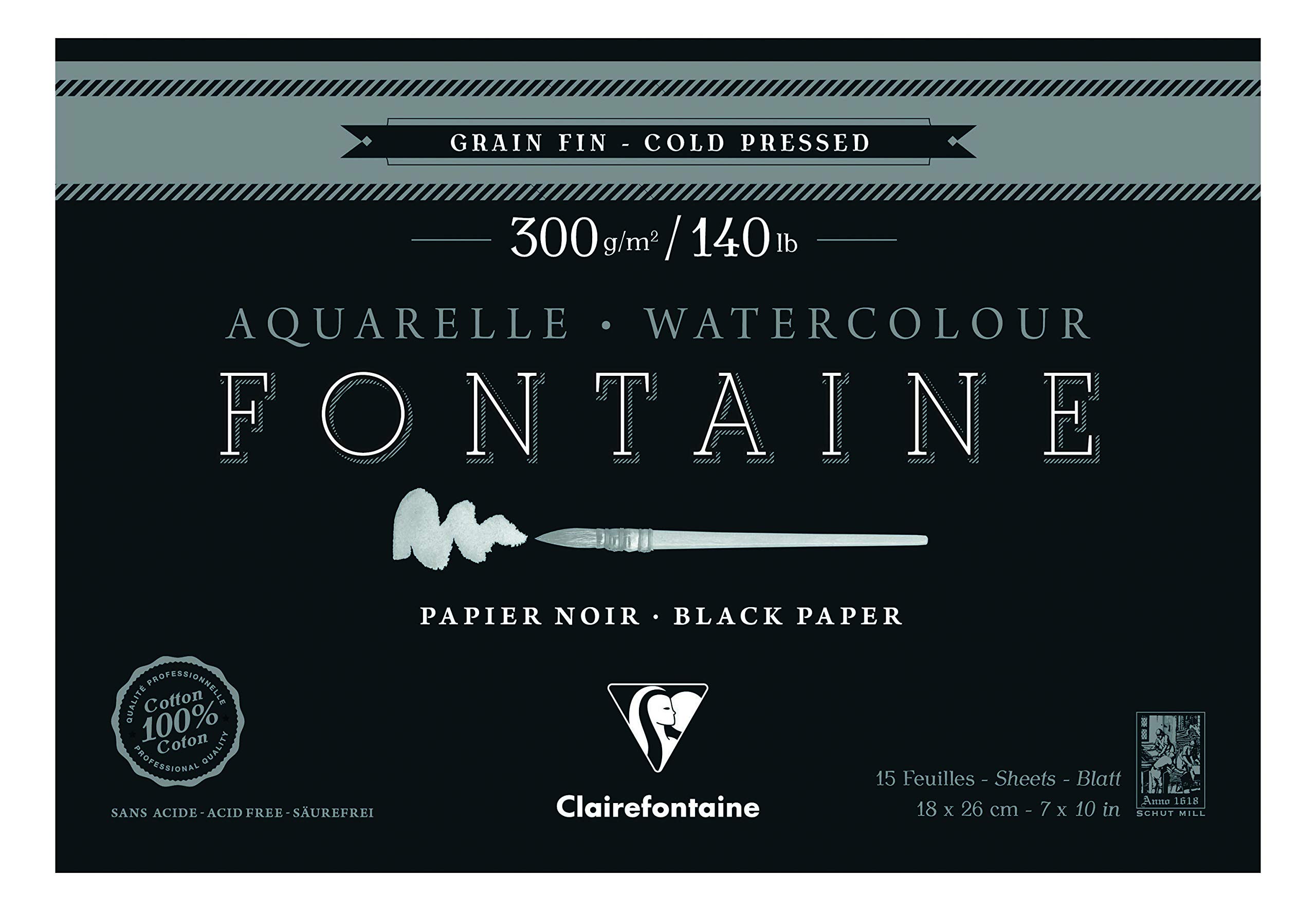 Clairefontaine - Ref 975302C - Fontaine Cold Pressed Black Watercolour Pad (15 Sheets) - 18 x 26cm Size, 300gsm Paper - Suitable for Watercolour Artwork