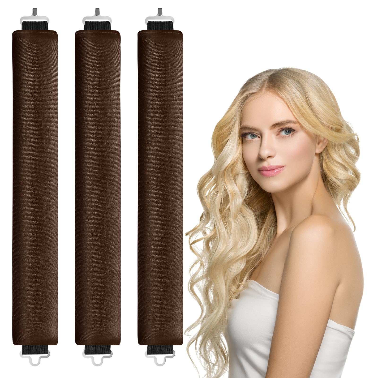 LOPHE 3 Pcs Heatless Hair Curler, Heatless Curls Blowout Rods Headband for All Hair Types, Soft Hair Roller Rods with Hook, Overnight Heatless Hair Curlers, Women Long Hair Styling Tools, Brown