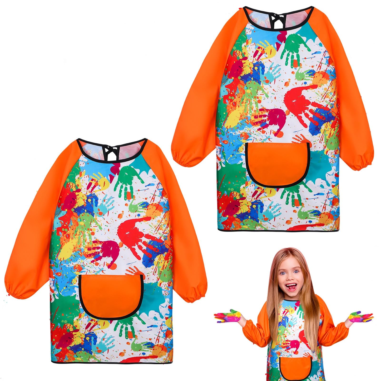2Pcs Kids Art Aprons for Age 7-12 Years Girls Boys,Waterproof Graffiti Painting Aprons Long Sleeves with Pockets,Kids Painting Smock Toddler Children,Play Apron for Painting,Craft,School,Orange — image 1