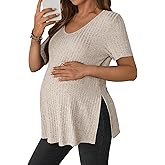 JiniGolla Women's Maternity T Shirt Ribbed Knit Pregnancy Tops Side Split Casual Maternity Blouse