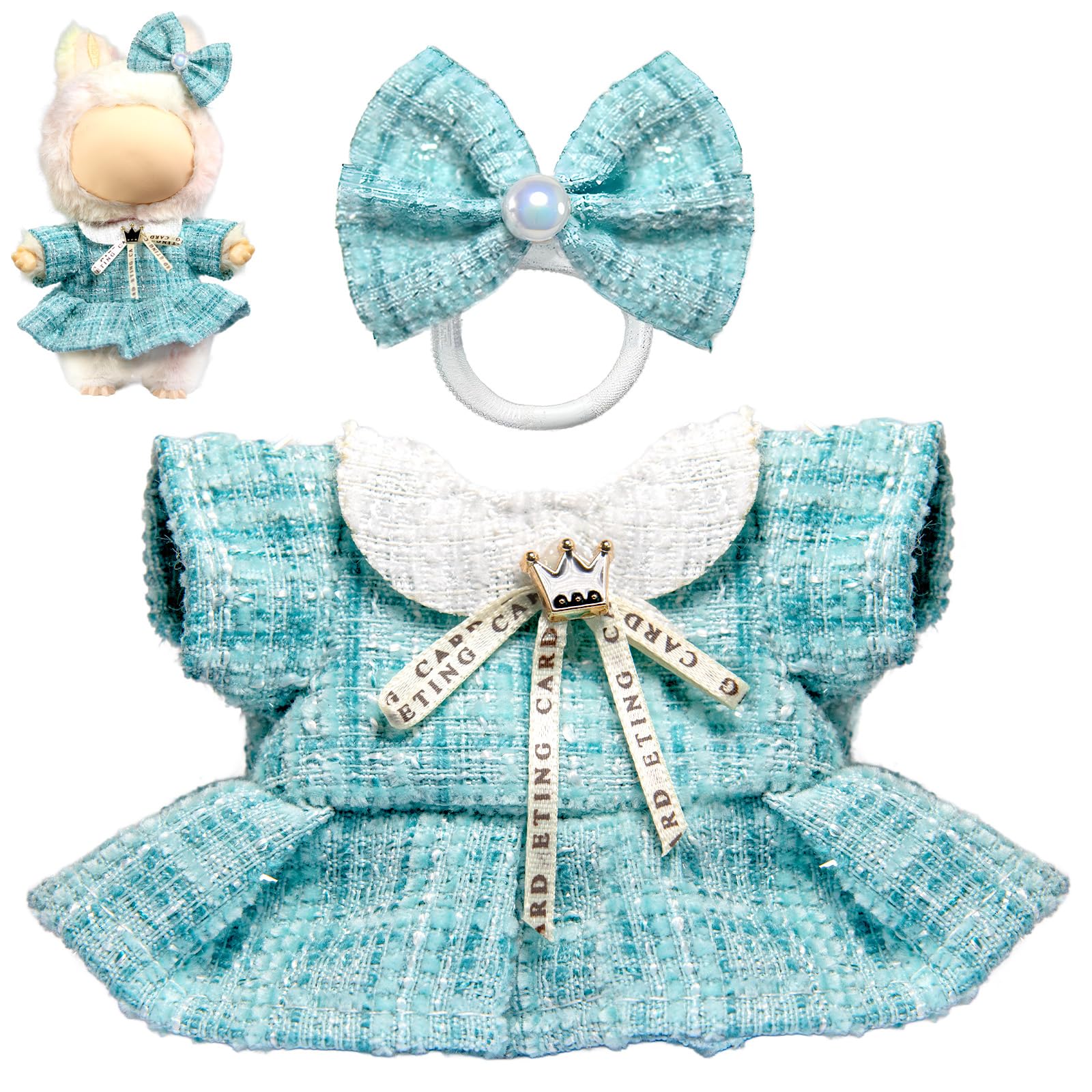 Clothes for LABUBU Doll (NO Doll), Luxury Chic Style 2-Piece Accessories for LABUBU 17cm Dolls, Premium Fashion Outfits for LABUBU - Bow Headdress + Plaid Tweed Dress (Blue)