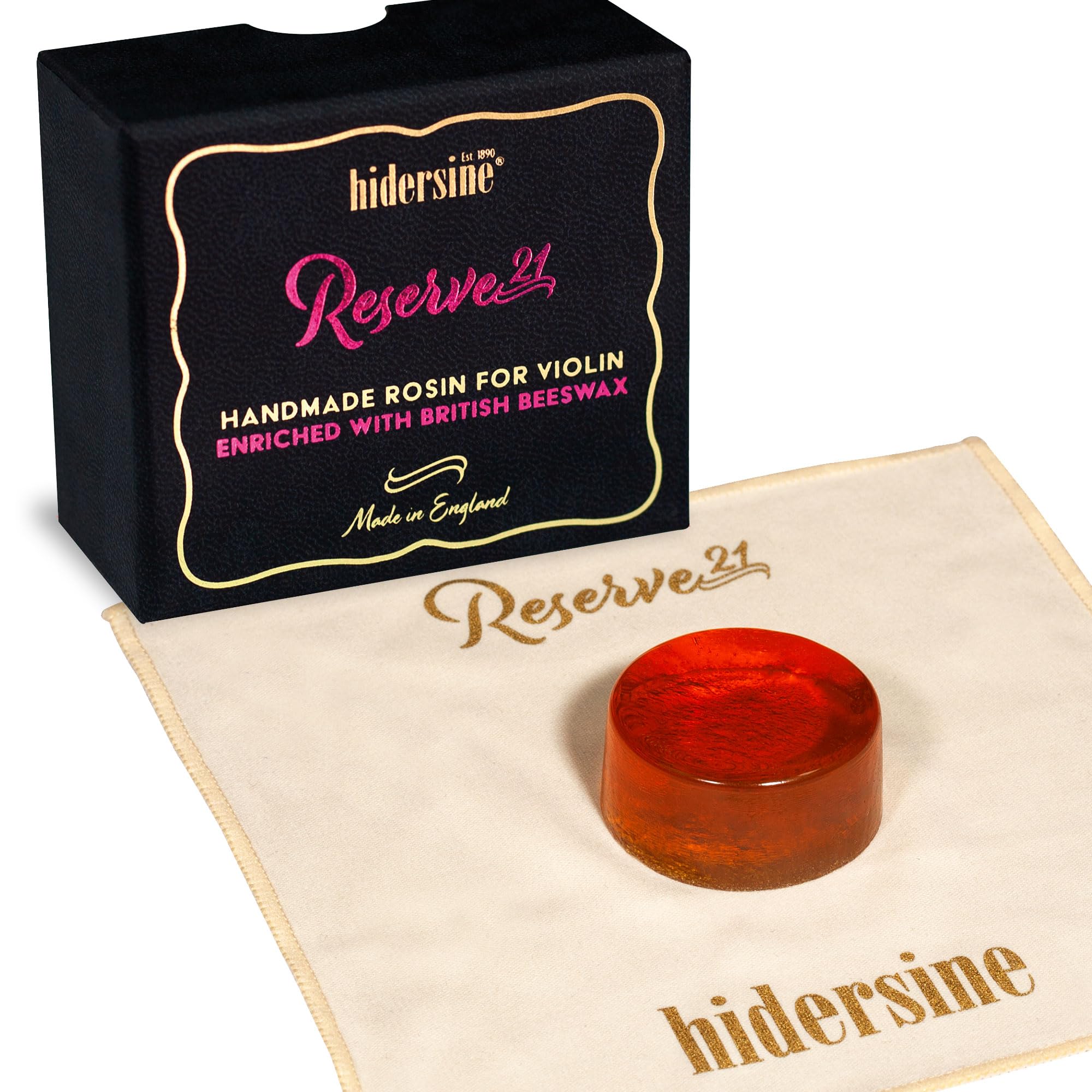 Hidersine Reserve21 Premium Light Violin Rosin. Low Dust formulation with British beeswax. Complete with Carry Pouch. Made in the UK.